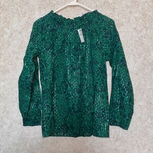 Talbots Green Floral Metallic Stripe Smocked Mock Neck Blouse NWT XS